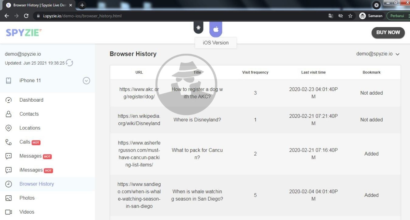 Sadap Data Browser, SpyZie.io demo